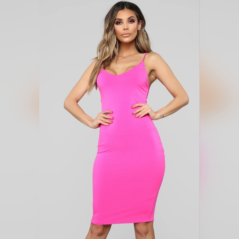 Fashion Nova Take a Guess Midi Dress - Neon Pink